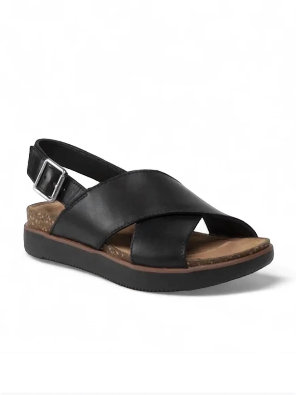 Clarks “Elayne” Black Cross-Strap Cork Footbed Sandals